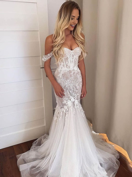 Trumpet Mermaid Off-the-shoulder Tulle Sweep Train Wedding Dress With Appliques Lace