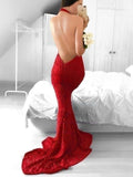 Trumpet/Mermaid Halter Lace Prom Dress with Sweep Train