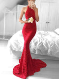 Trumpet/Mermaid Halter Lace Prom Dress with Sweep Train