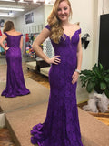 Trumpet/Mermaid Off-the-shoulder Lace Sweep Train Appliques Prom Dresses