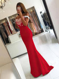 Trumpet/Mermaid Off-the-shoulder Stretch Crepe Prom Dresses with Appliques Lace