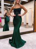 Trumpet/Mermaid Square Neckline Crepe Prom Dress with Beading and Sweep Train