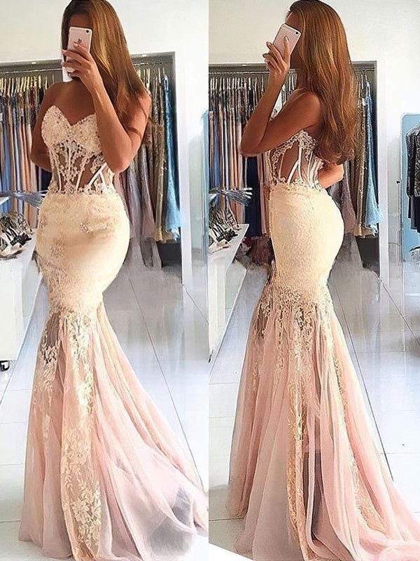 Trumpet/Mermaid Sweetheart Tulle Appliques Lace Prom Dress with Sweep Train