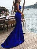 Trumpet/Mermaid V Neck Prom Dresses with Stretch Crepe Sweep Train