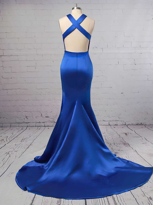 Trumpet/Mermaid V Neck Prom Dresses with Stretch Crepe Sweep Train