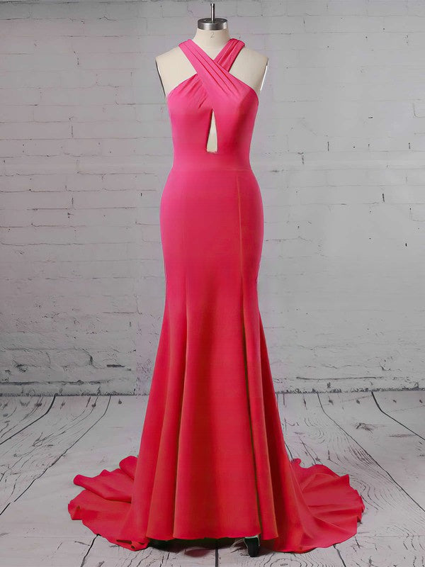 Trumpet/Mermaid V Neck Prom Dresses with Stretch Crepe Sweep Train