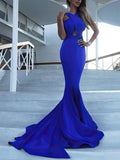 Trumpet/Mermaid V Neck Prom Dresses with Stretch Crepe Sweep Train