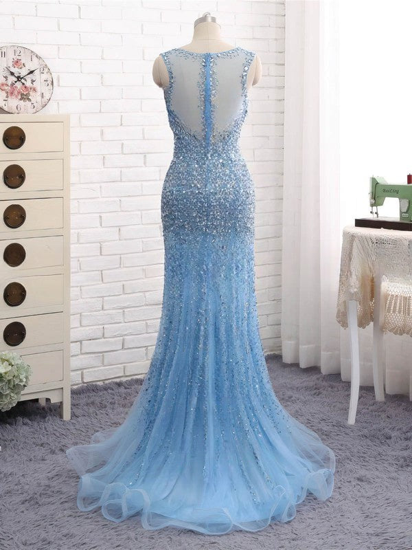 Trumpet/Mermaid V-neck Tulle Sweep Train Beading Prom Dresses