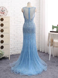 Trumpet/Mermaid V-neck Tulle Sweep Train Beading Prom Dresses