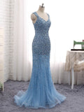 Trumpet/Mermaid V-neck Tulle Sweep Train Beading Prom Dresses