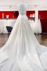 Tulle V Neck Sleeveless Ivory A-Line Wedding Dresses With Lace Long-27dress