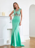 Turquoise Crew neck Cap sleeve Lace appliques Curves/Mermaid Floor Length Dress - 27Dress