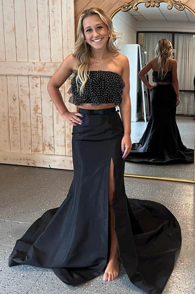 Two piece Black Strapless Mermaid Satin Long Dress