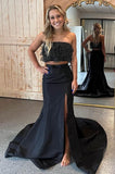 Two piece Black Strapless Mermaid Satin Long Dress