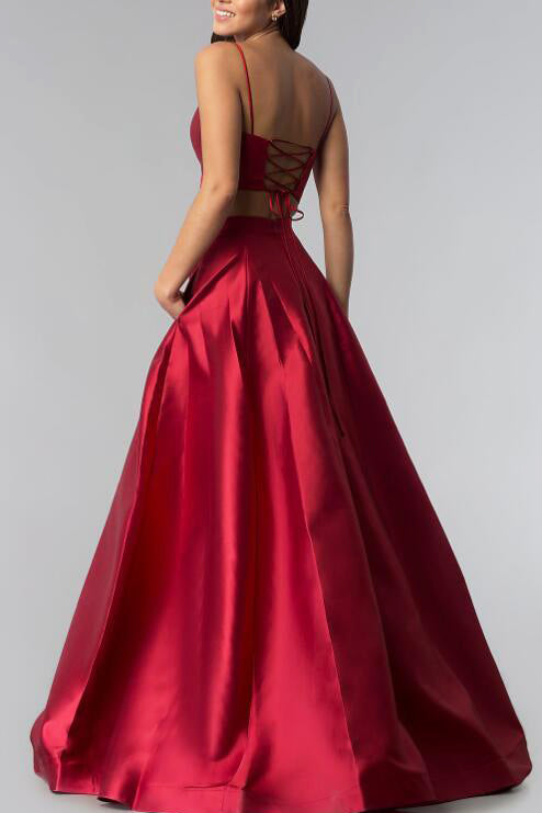 Two Piece Burgundy Long Satin Prom Dress