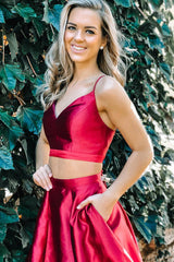 Two Piece Burgundy Long Satin Prom Dress