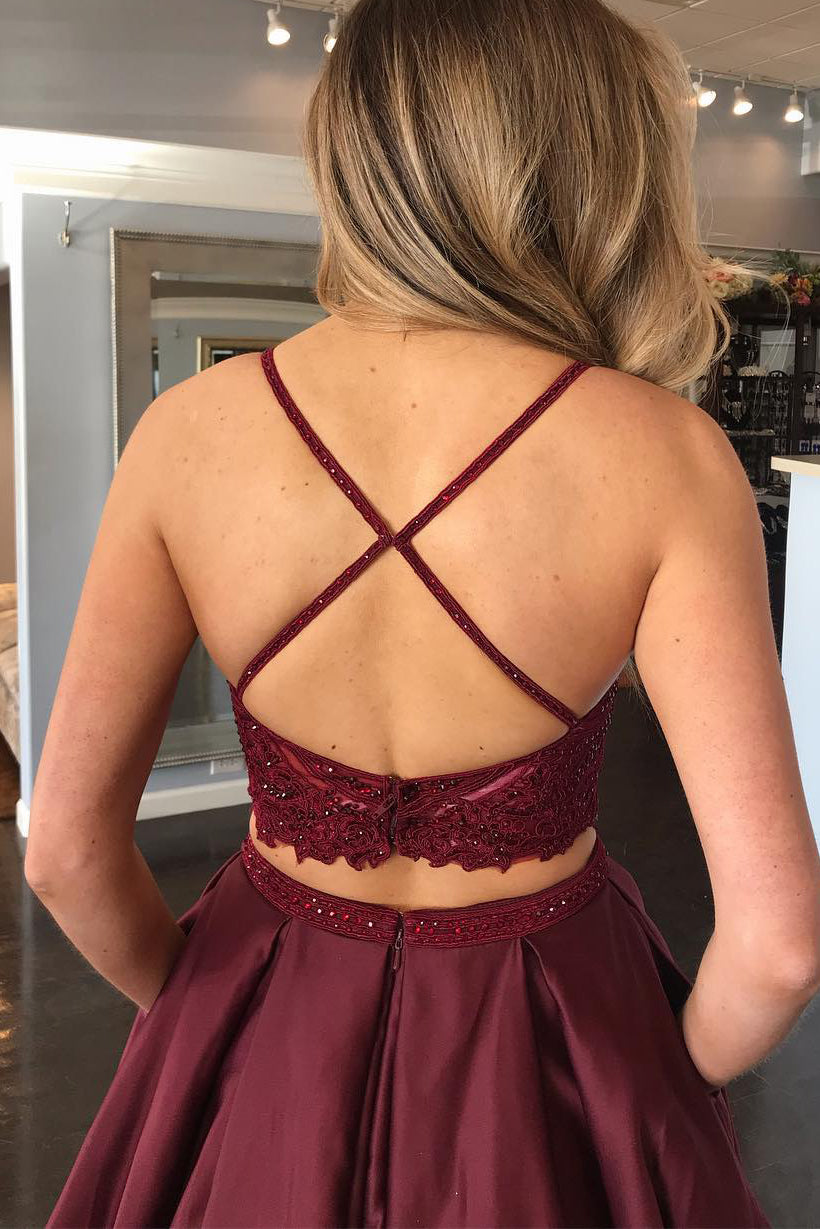 Two Piece Criss Cross Back Maroon Long prom Dress with Lace Top