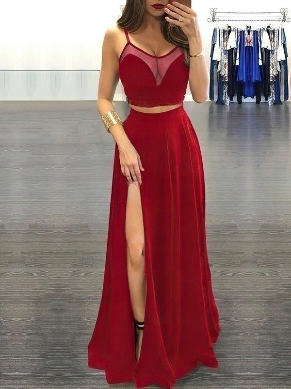 Two-Piece Floor-length Chiffon Prom Dress with Split Front-27dress