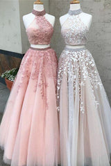 Two Piece High Neck Pink Long Prom Dress with Lace