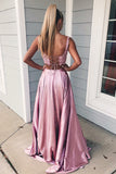 Two Piece Long A-Line Square Neckline Front Slit Prom Dress With Pockets-27Dress