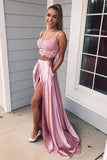 Two Piece Long A-Line Square Neckline Front Slit Prom Dress With Pockets-27Dress