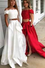 Two Piece Off Shoulder Long Prom Dress with Lace Top