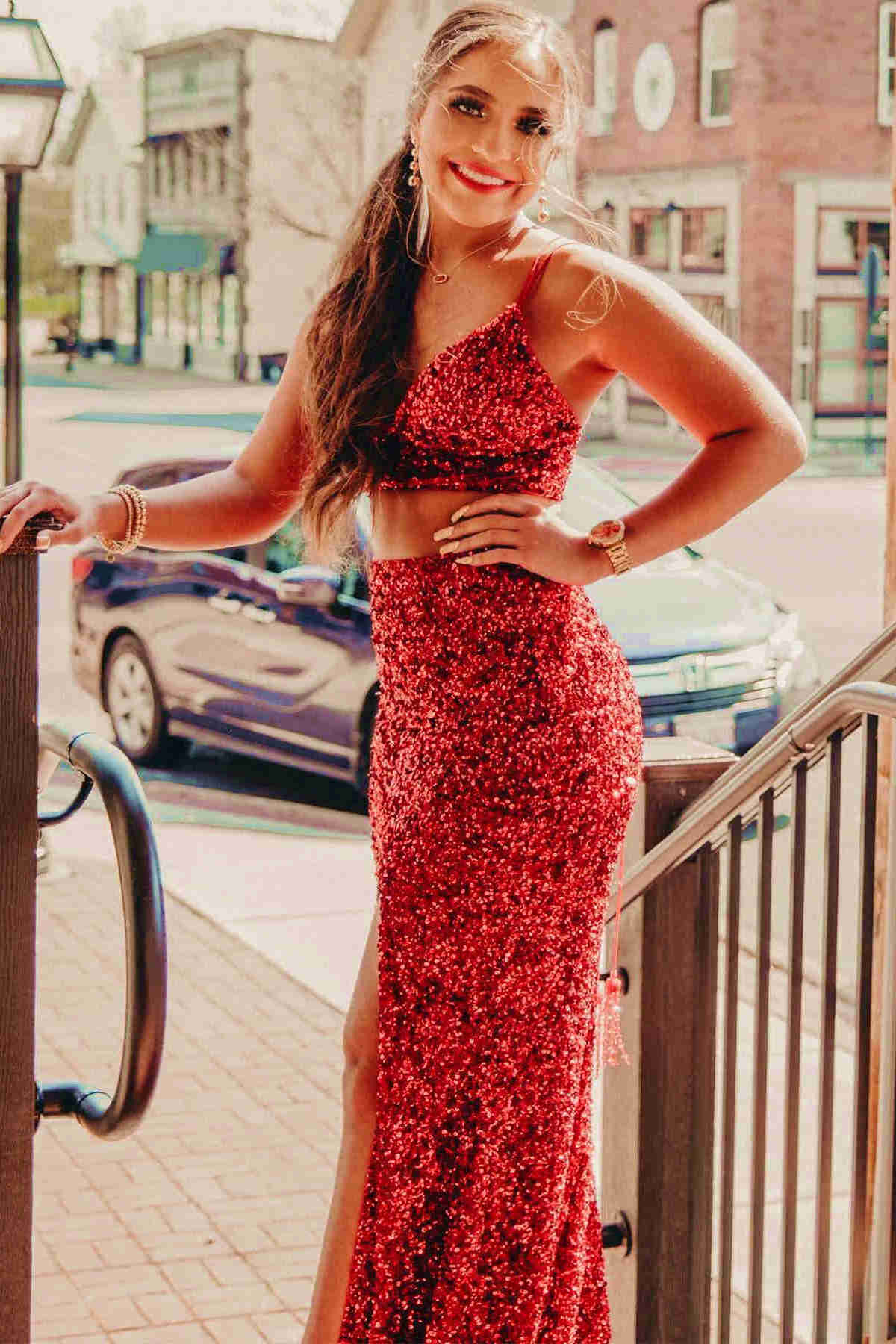 Two Piece Orange Sequins Long Prom Dress