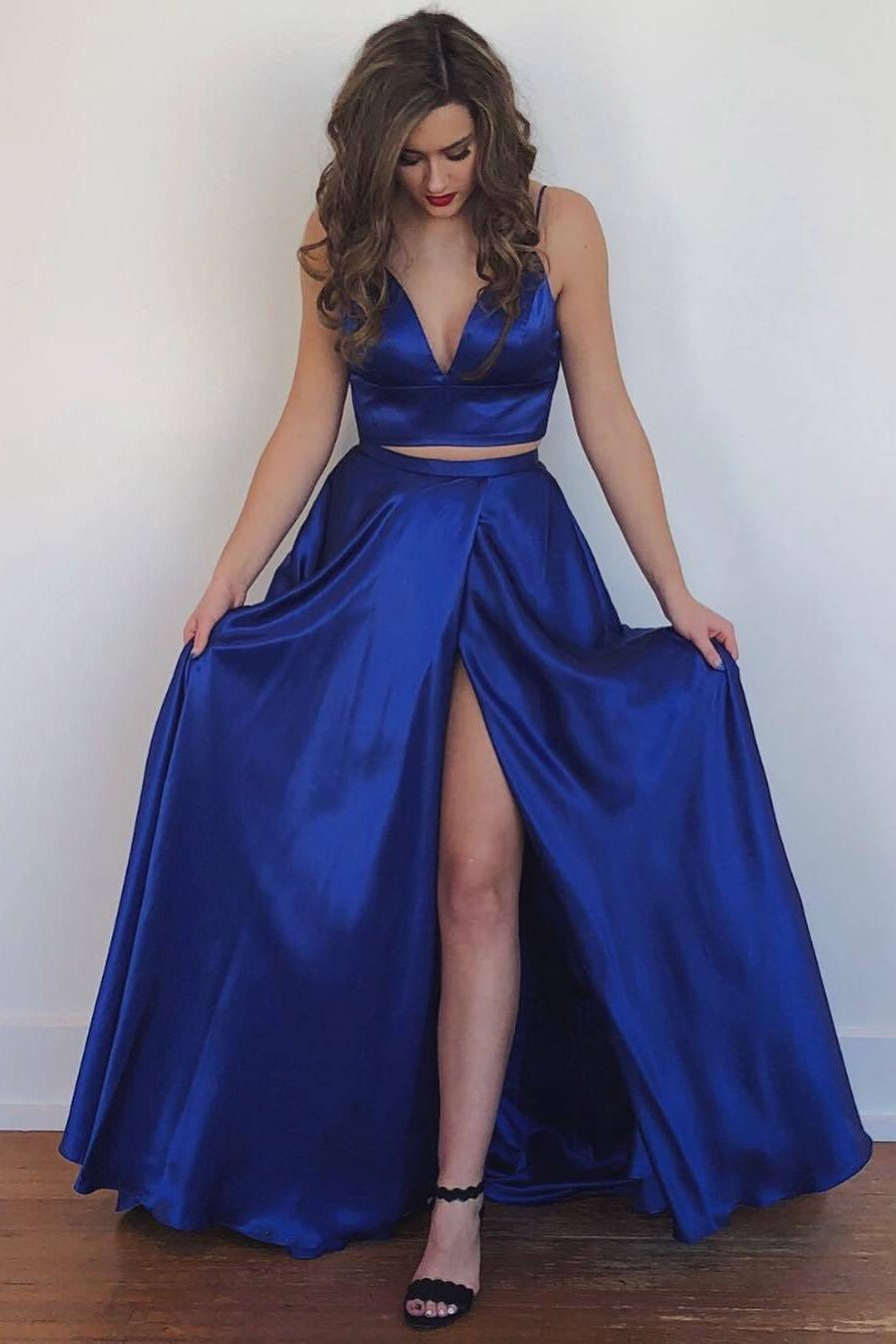 Two Piece Split-Front Floor Length Royal Blue Long Prom Dress