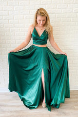 Two Piece Tie Back Emerald Green Long Prom Dress with Slit