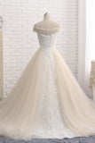 Unique Champagne Bateau Lace Wedding Dresses With Appliques Tulle Ruffles Bridal Gowns Online-27dress