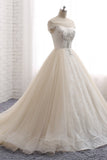 Unique Champagne Bateau Lace Wedding Dresses With Appliques Tulle Ruffles Bridal Gowns Online-27dress