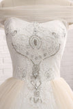 Unique Champagne Bateau Lace Wedding Dresses With Appliques Tulle Ruffles Bridal Gowns Online-27dress