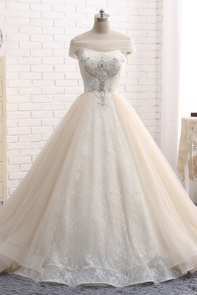 Unique Champagne Bateau Lace Wedding Dresses With Appliques Tulle Ruffles Bridal Gowns Online-27dress