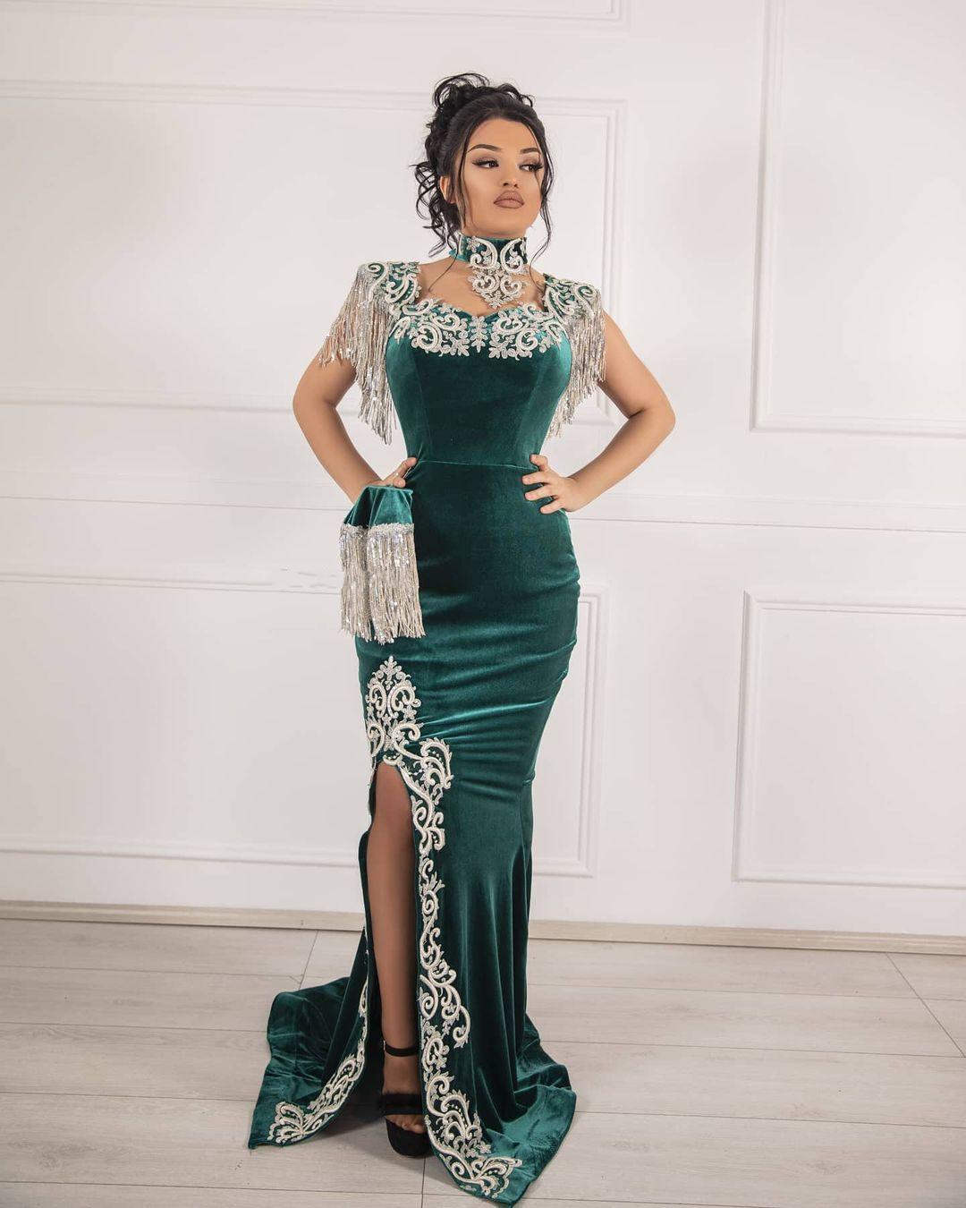 Unique Green Long Mermaid Velvet Prom Dresses with Slit-27Dress