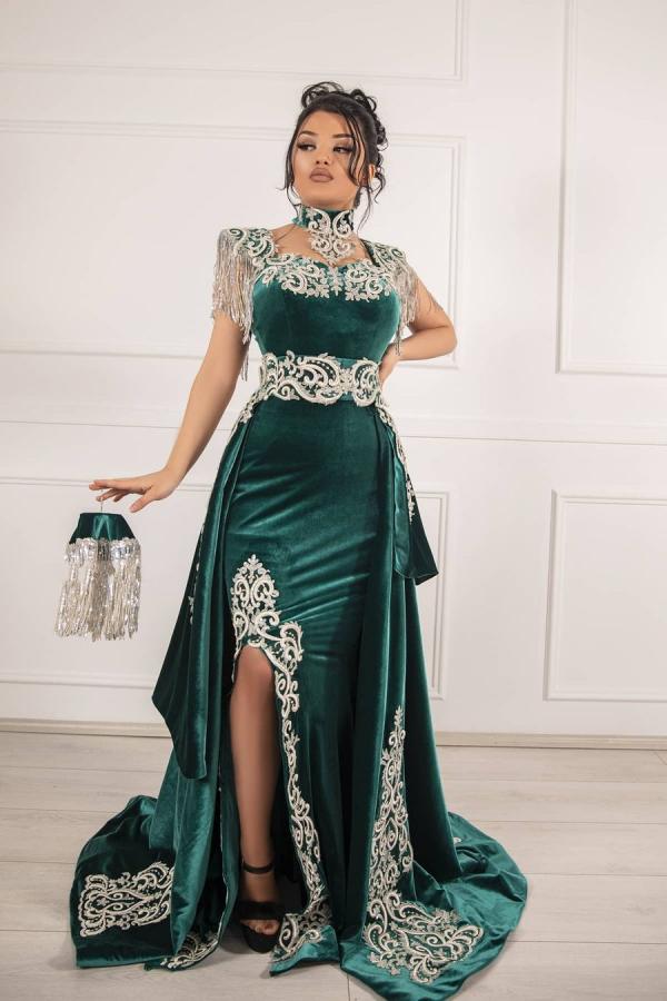 Unique Green Long Mermaid Velvet Prom Dresses with Slit-27Dress