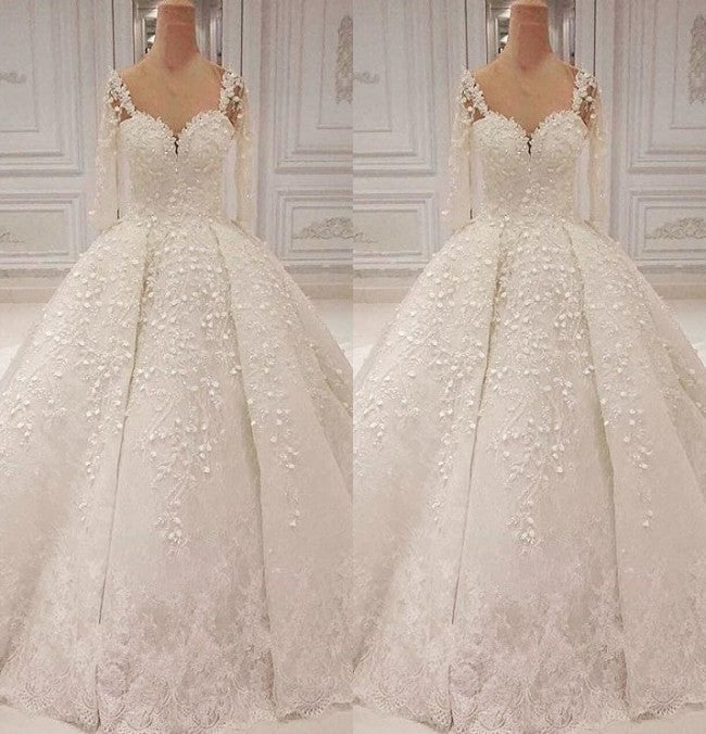 Unique Halfsleeves Straps White Wedding Dresses With Appliques A-line Lace Bridal Gowns On Sale-27dress