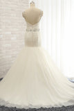 Unique Ivory Straps Mermaid Wedding Dresses Tulle Ruffles Sequins Bridal Gowns Online-27dress