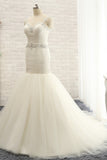 Unique Ivory Straps Mermaid Wedding Dresses Tulle Ruffles Sequins Bridal Gowns Online-27dress