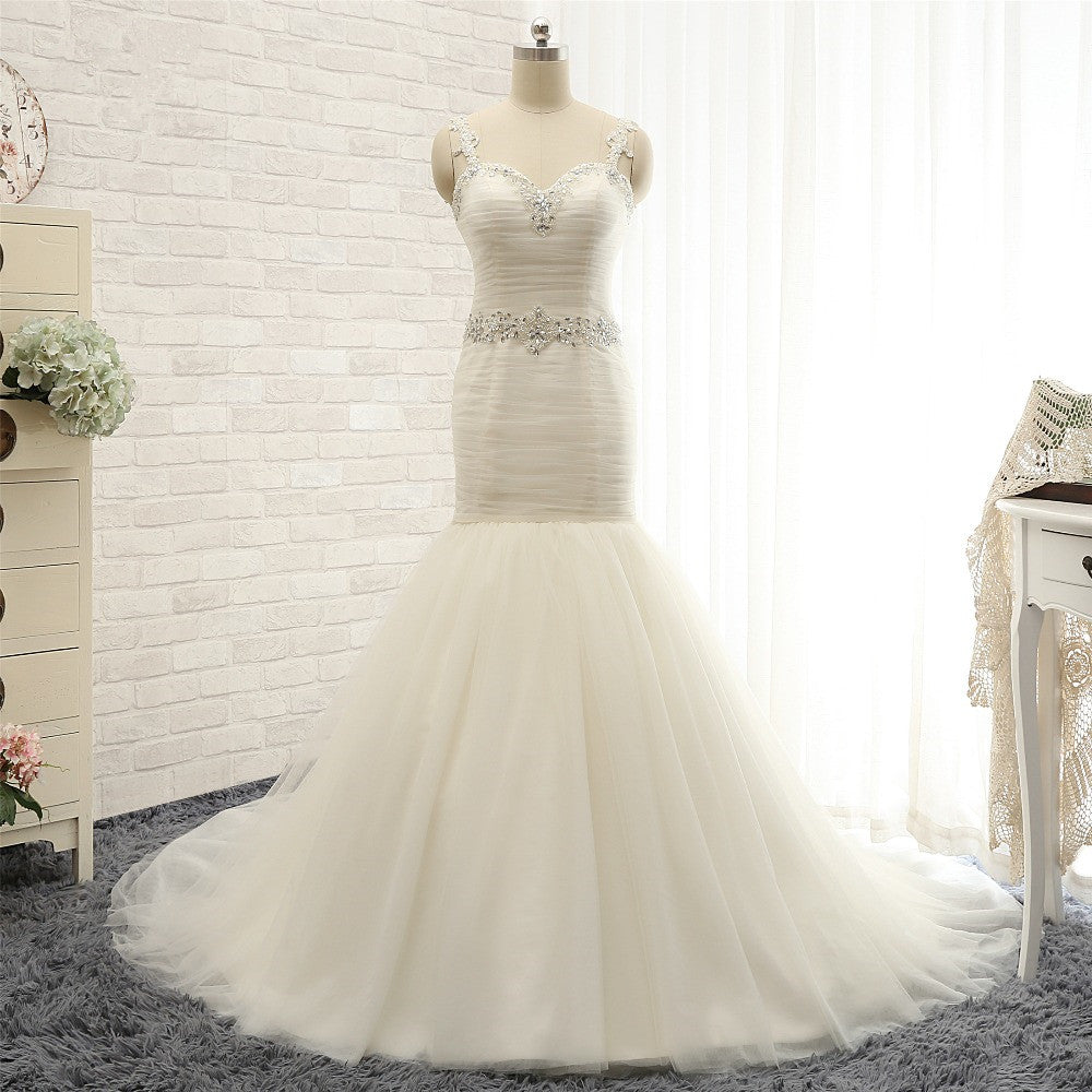 Unique Ivory Straps Mermaid Wedding Dresses Tulle Ruffles Sequins Bridal Gowns Online-27dress