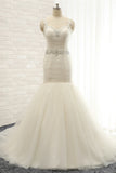 Unique Ivory Straps Mermaid Wedding Dresses Tulle Ruffles Sequins Bridal Gowns Online-27dress