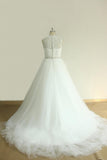 Unique Jewel Sleeveless Lace Wedding Dresses White A-line Tulle Bridal Gowns On Sale-27dress