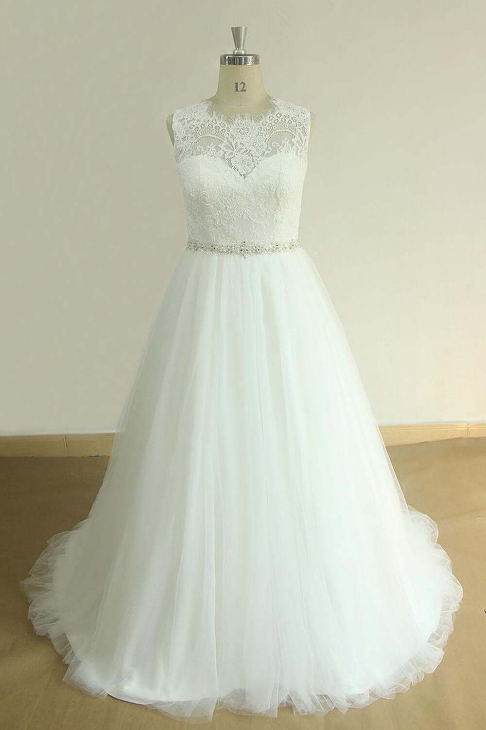 Unique Jewel Sleeveless Lace Wedding Dresses White A-line Tulle Bridal Gowns On Sale-27dress