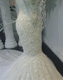 Unique Jewel Sleeveless White Wedding Dresses Mermaid Lace Bridal Gowns With Appliques Online-27dress