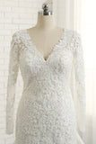 Unique Mermaid Longsleeves V-neck Wedding Dresses White Lace Bridal Gowns With Appliques On Sale-27dress