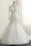 Unique Mermaid Longsleeves V-neck Wedding Dresses White Lace Bridal Gowns With Appliques On Sale-27dress