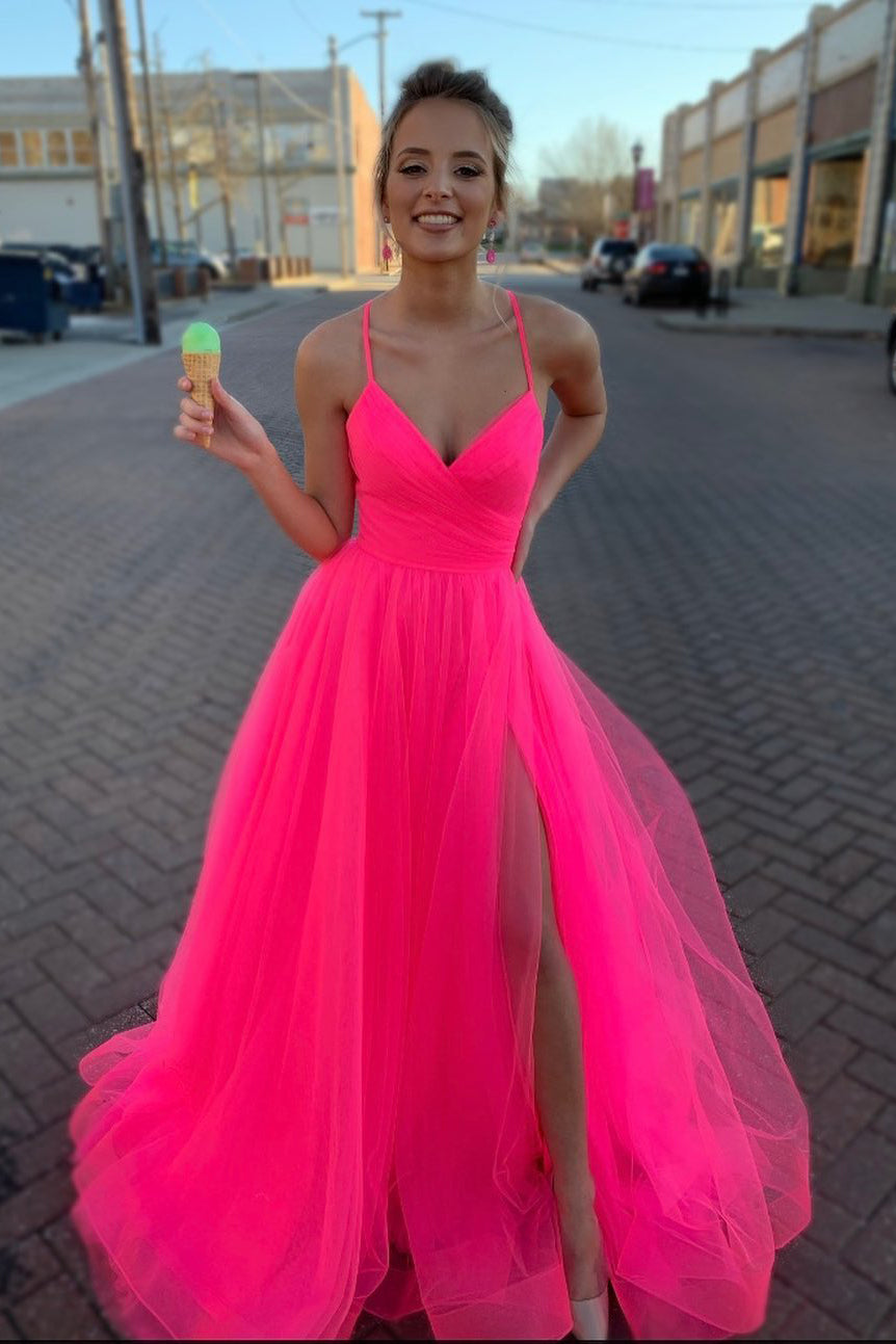 V Neck A-line Hot Pink Long Prom Dress with Lace-up Back