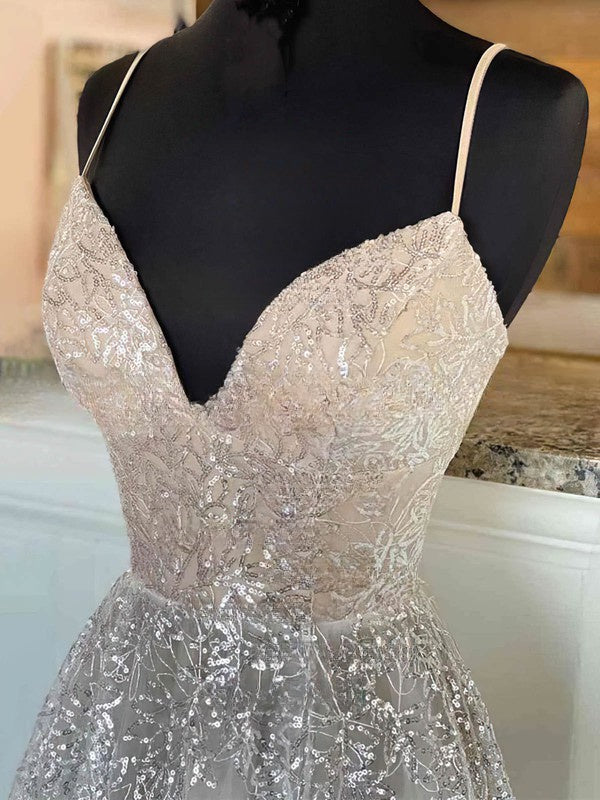 V-neck Ball Gown Sequined Prom Dress with Sweep Train