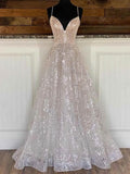 V-neck Ball Gown Sequined Prom Dress with Sweep Train