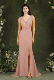 V-Neck Bridesmaid Dress Chiffon With Slit-27dress