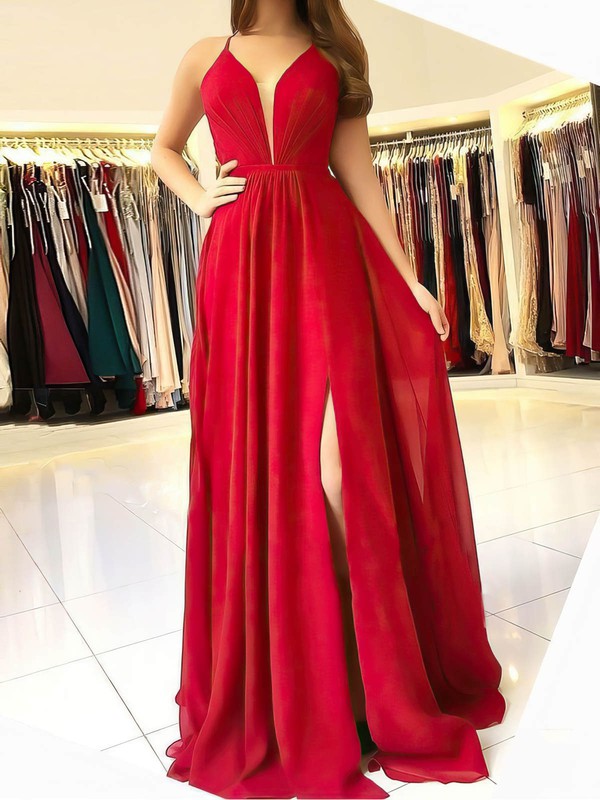 V-neck Chiffon A-line Sweep Train Ruffles Prom Dresses